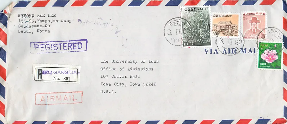Luftbrief von Seoul nach Iowa City — koreanische Stempel und Ankunftsstempel - Vorderseite