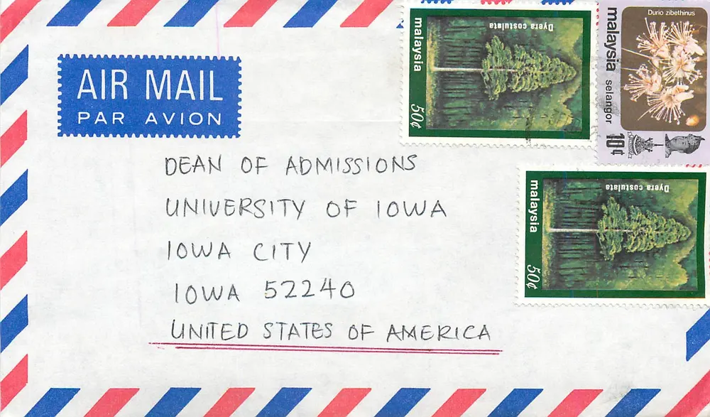 Luftpostbrief nach Iowa — malaysische Blütenstempel - Vorderseite
