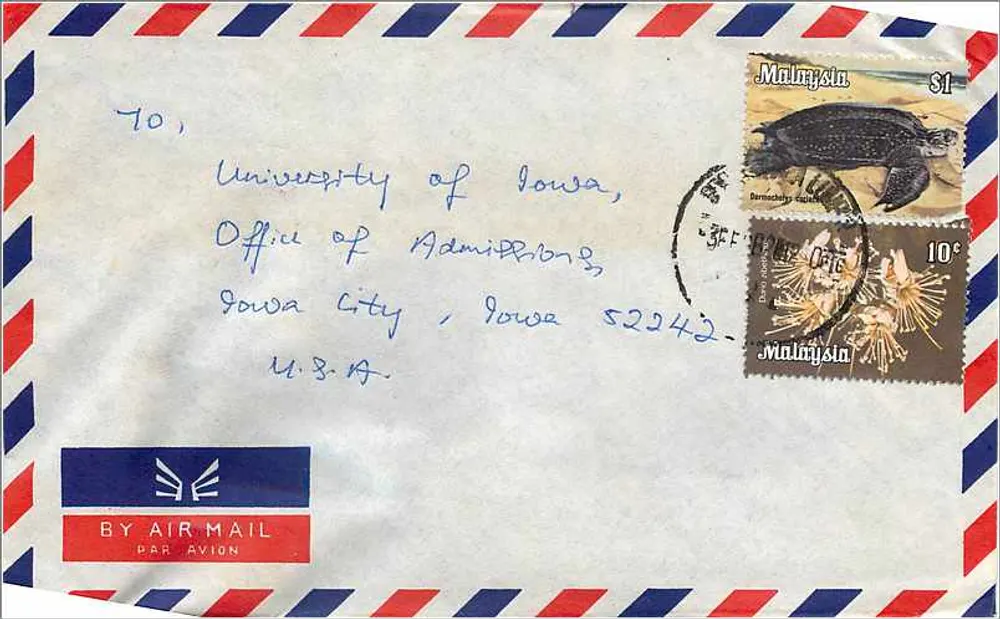 Luftpostkarte — Malaysia — Universität Iowa, Iowa City, Vereinigte Staaten - Vorderseite