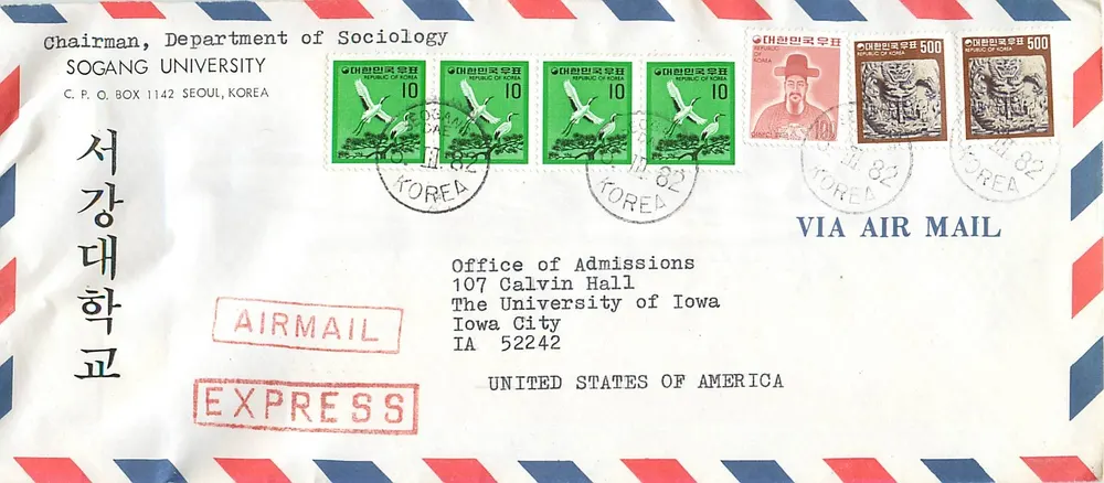 Universidade Sogang — Seul, Coreia — envio expresso para a Universidade do Iowa — 1982 - Frente
