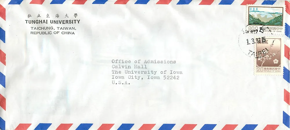 TungHai-Universität, Taichung — Versand an die University of Iowa — Briefmarken und Stempel Taiwan - Vorderseite
