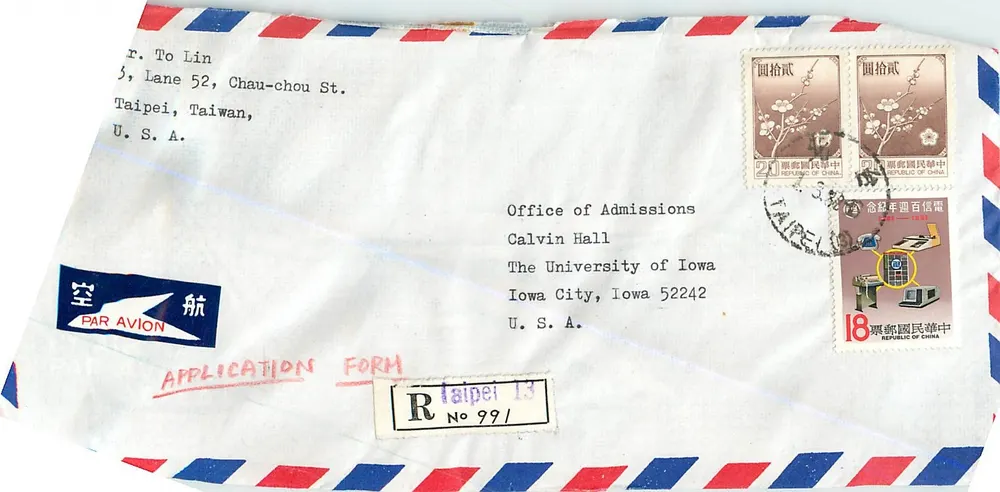 Luftpostbrief von Taipei nach Iowa City — Briefmarken und Poststempel - Vorderseite