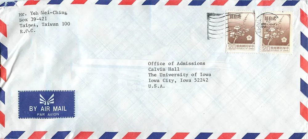 Luftpostbrief — Taipei, Taiwan — Office of Admissions, Calvin Hall, Universität Iowa — Stempel 20 Yuan - Vorderseite