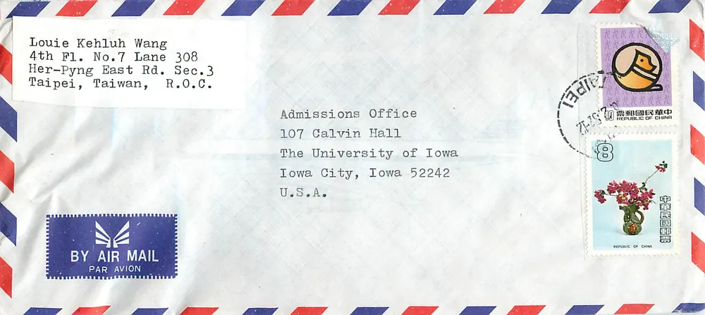 Taipei, Taiwan — Luftpost an die Universität Iowa — Stempel der Republik China - Vorderseite