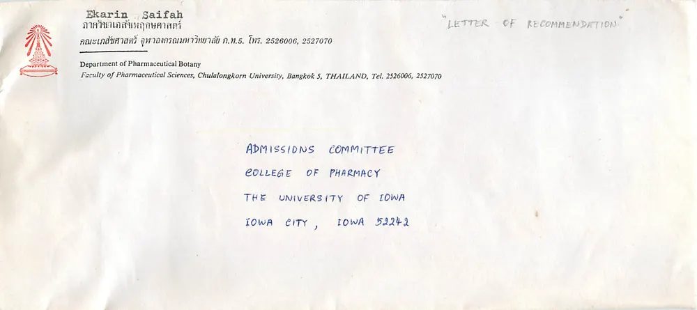 Empfehlungsschreiben — Universität Chulalongkorn, Bangkok — an das College of Pharmacy, Iowa City - Vorderseite