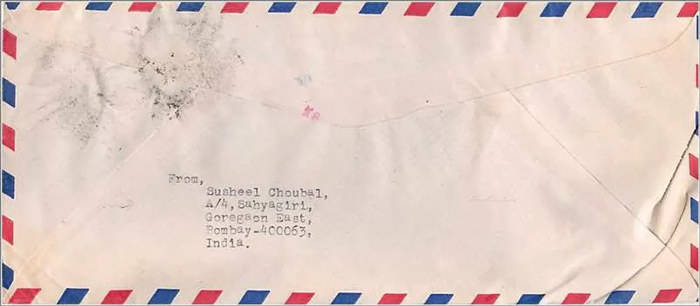 Luftpostbrief von Bombay an die University of Iowa — indische Stempel - Rückseite