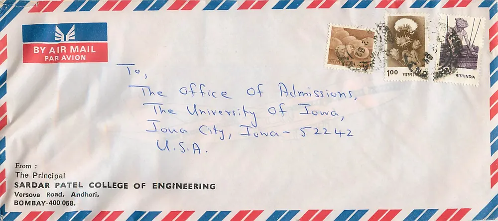 Luftpostbrief von Bombay nach Iowa City — Sardar Patel College of Engineering, Bombay — Office of Admissions, University of Iowa - Vorderseite