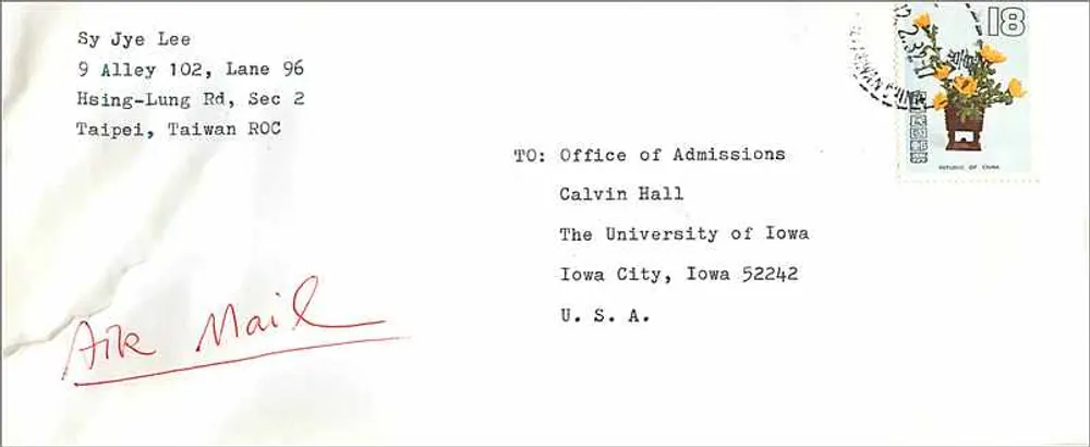 Taipei — Versand an die Universität Iowa — Poststempel der Republik China - Vorderseite