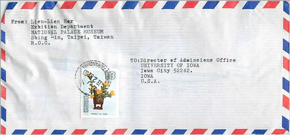 Luftpostkarte — Luftbrief — National Palace Museum, Taipei — University of Iowa, Iowa City - Vorderseite
