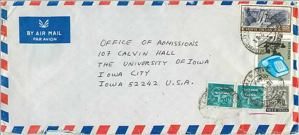 Luftpostbrief nach Iowa City — indische Briefmarken und Stempel - Vorderseite