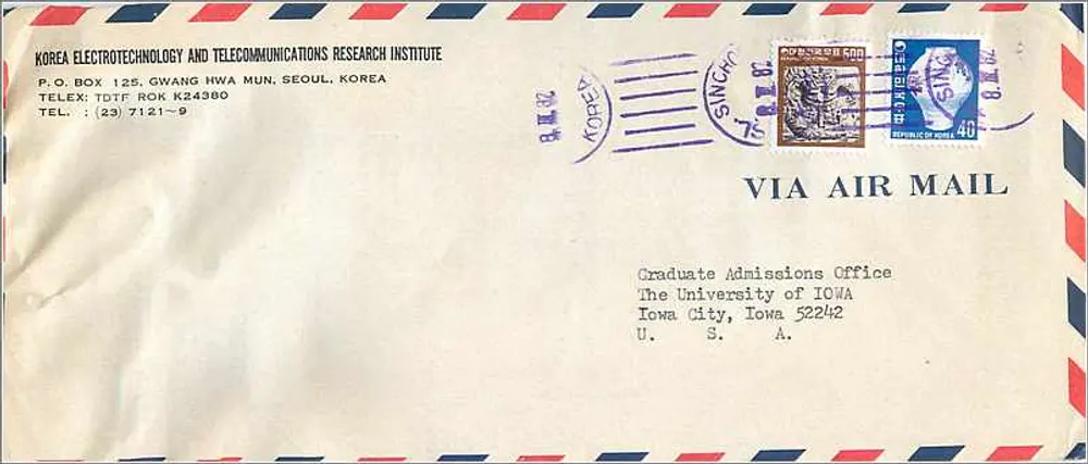 Carte postale aérienne — Enveloppe de l'Institut de recherche en électronique et télécommunications de Corée — destinée à l'Université d'Iowa - Recto