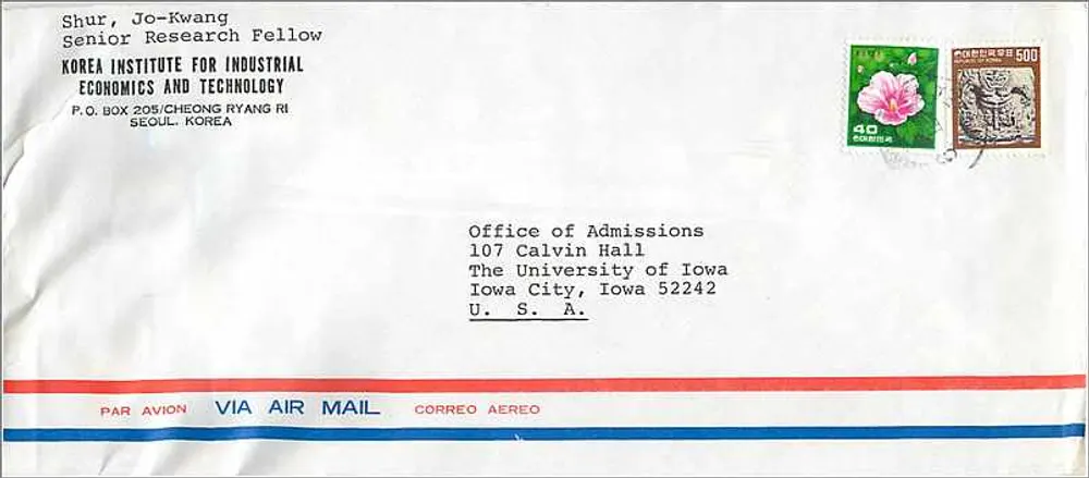 Korrespondenz aus Seoul — Korrespondenz an die University of Iowa — Koreanische Briefmarken - Vorderseite