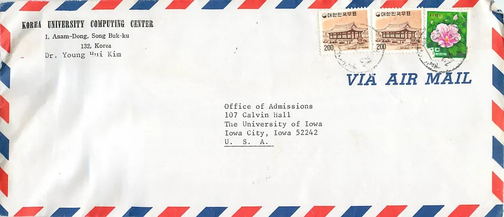 Antieke ansichtkaart — Brief van Zuid-Korea naar de Universiteit van Iowa — zegels en poststempel - Voorkant