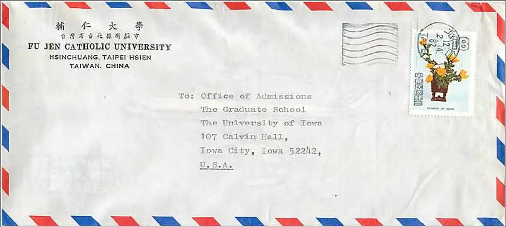 Luftpostbrief — Katholische Universität Fu Jen, Taipei — an die Universität Iowa, Iowa City, Vereinigten Staaten - Vorderseite