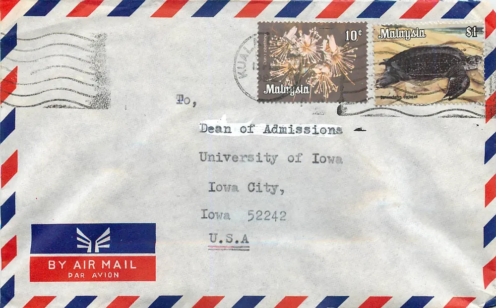 Luftbildkarte — Brief gesendet von Kuala Lumpur an die University of Iowa — Verlag: Malaysia Air Mail - Vorderseite