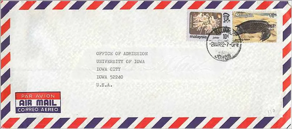 Johor — Luftpostbrief an Iowa City — Malaysia - Vorderseite