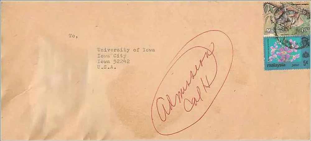 Ansichtskarte aus Malaysia — Universität von Iowa, Iowa City, Vereinigte Staaten - Vorderseite