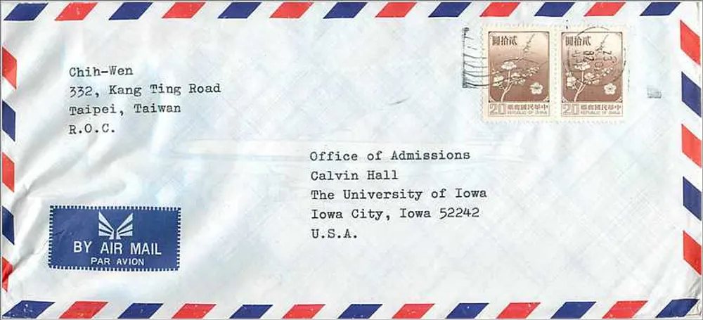Taipei — Luftpost nach Iowa — Office of Admissions, Calvin Hall - Vorderseite