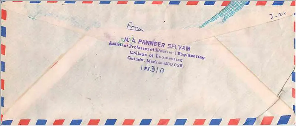 Luftpostbrief aus Indien an die Universität Iowa — M. A. Panneer Selvam, Professor in Guindav, Indien - Rückseite