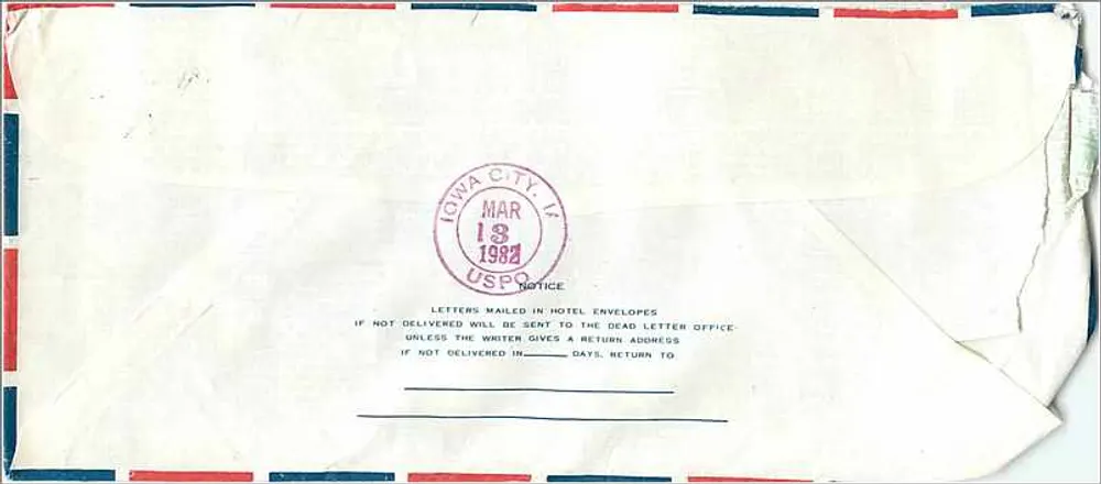 Taipei — Luftpost an die Universität Iowa — Zulassungsamt - Rückseite
