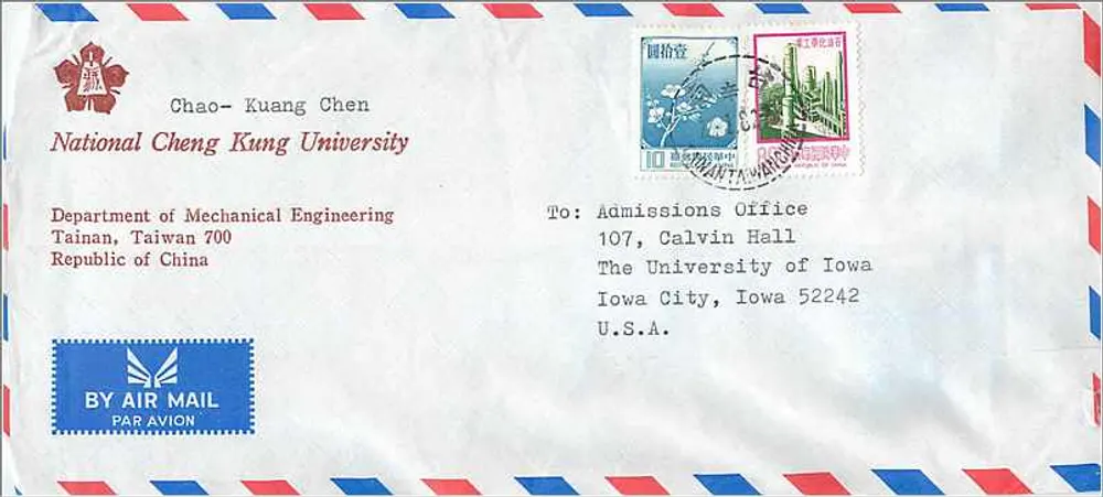 Luftpostbrief — Nationaluniversität Tainan — An die Universität Iowa - Vorderseite