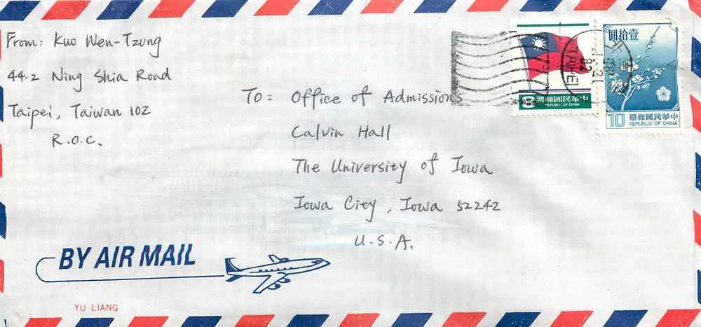 Taipei, Taiwan — Luftpost an die Universität Iowa — YU LIANG - Vorderseite