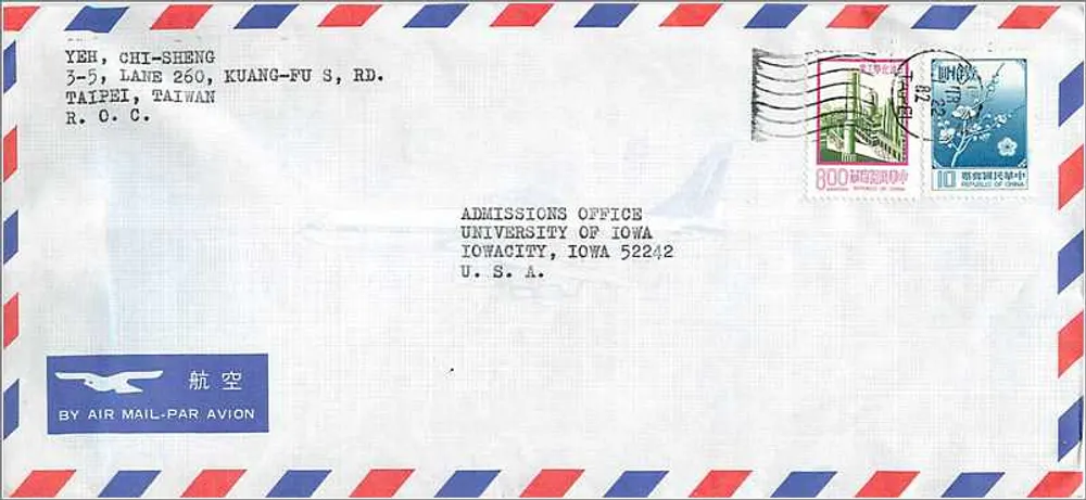 Taipei, Taiwan — Luftpost an die University of Iowa — Verlag nicht sichtbar - Vorderseite