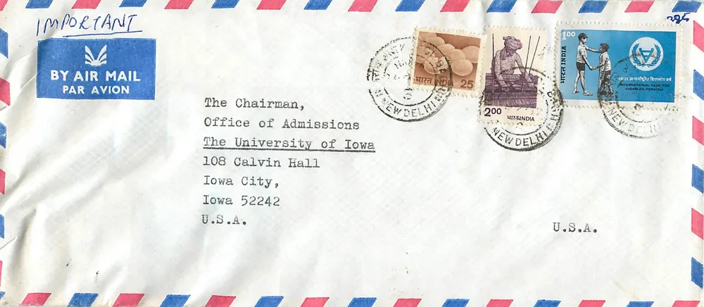 Luftpostbrief aus Indien an die University of Iowa — New Delhi, 1967 - Vorderseite