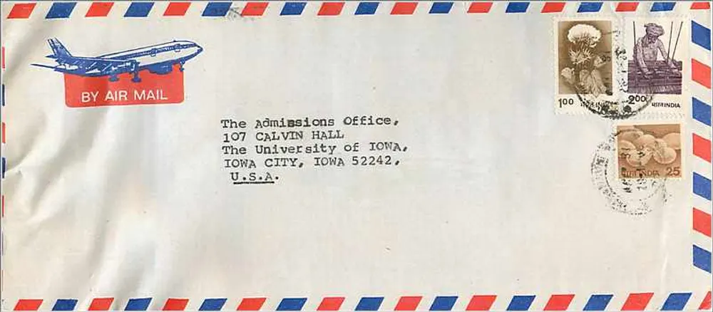 Luftbrief aus Indien an die University of Iowa — Stempel und Poststempel aus Neu-Delhi - Vorderseite