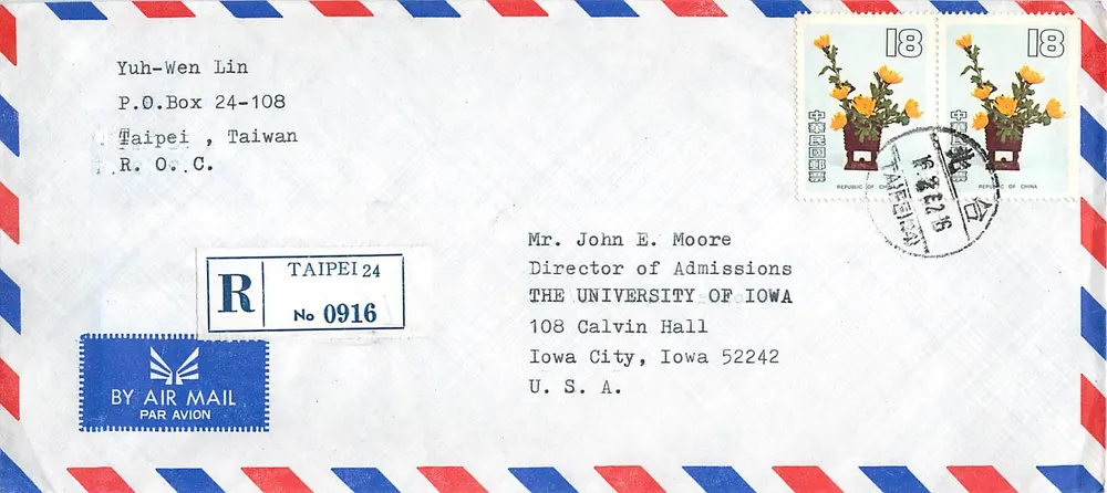 Taipei — Luftpost nach Iowa City — Luftpost Taipei 24 - Vorderseite