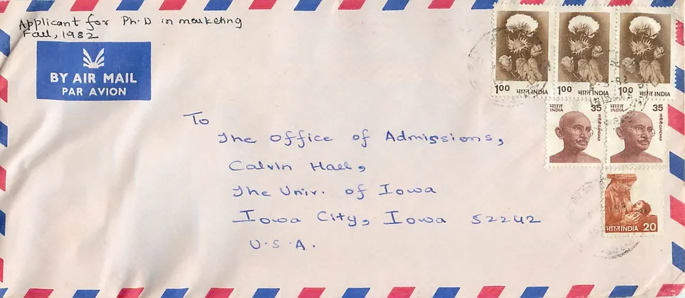 Luftpostbrief für eine Doktorandenbewerbung — Kalkutta, Indien — an die Universität Iowa, Vereinigten Staaten - Vorderseite