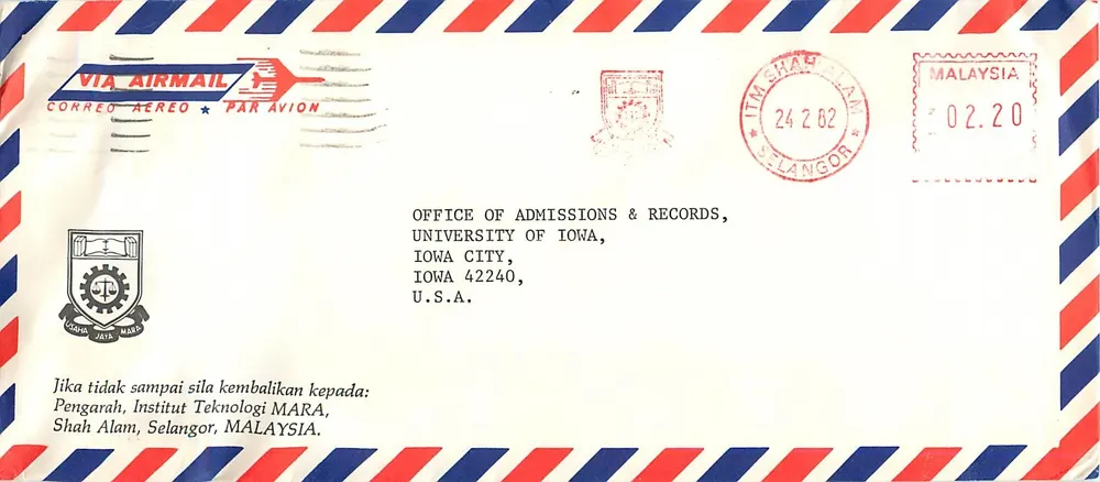 Luftpostbrief — Institut Teknologi MARA, Shah Alam, Malaysia — nach Iowa City, Vereinigten Staaten - Vorderseite