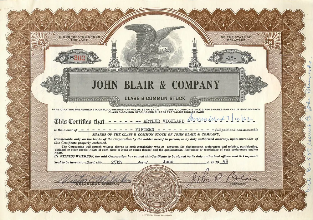 John Blair & Company — Acción de la clase B — Editor: Corporation Supply Co. Chicago - Anverso