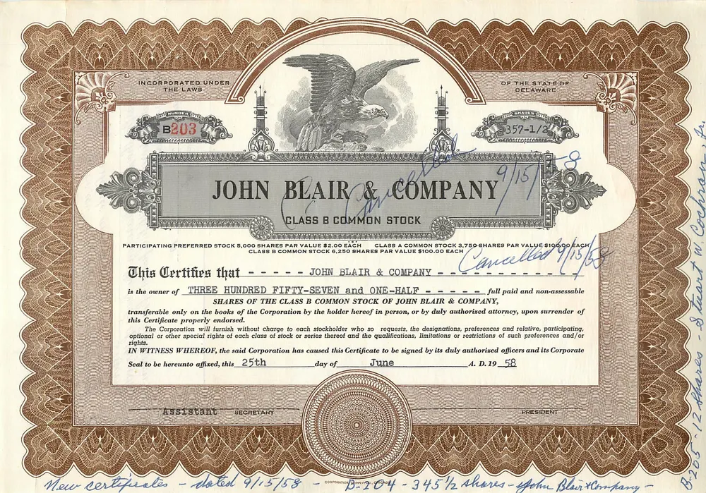 Ação da empresa John Blair & Company — ação da classe B — editor não visível - Frente