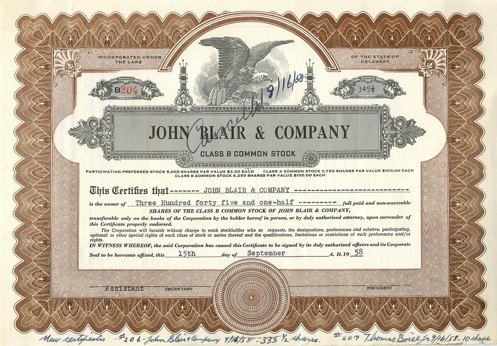 Aktienzertifikat von John Blair & Company — Klasse B — Vereinigte Staaten - Vorderseite