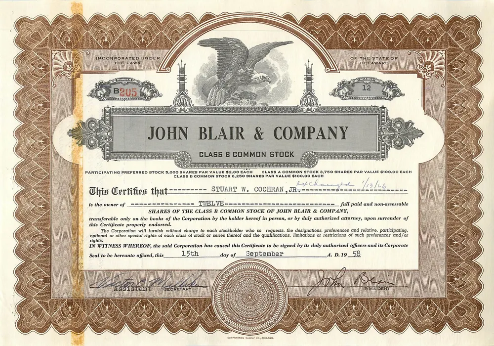 Certificado de ações da John Blair & Company — editor CORPORATOR SUPPLY CO. CHICAGO - Frente