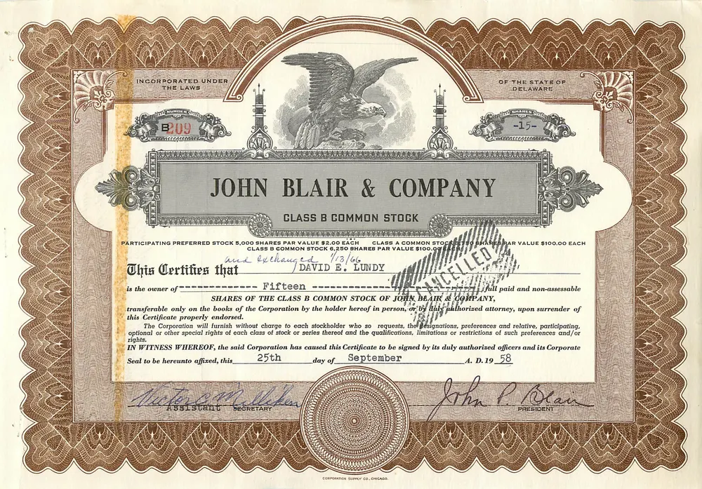 Ação de participação da empresa John Blair & Company — Delaware — n° B109 - Frente
