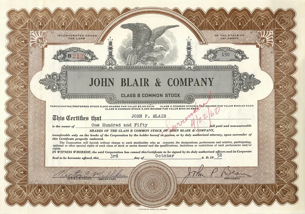 Acción de la sociedad John Blair & Company — acción de clase B — editor Corporation Supply Co. Chicago - Anverso