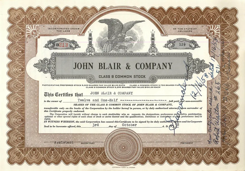 John Blair & Company — Acción de la clase B — Corporation Supply Co. Chicago - Anverso