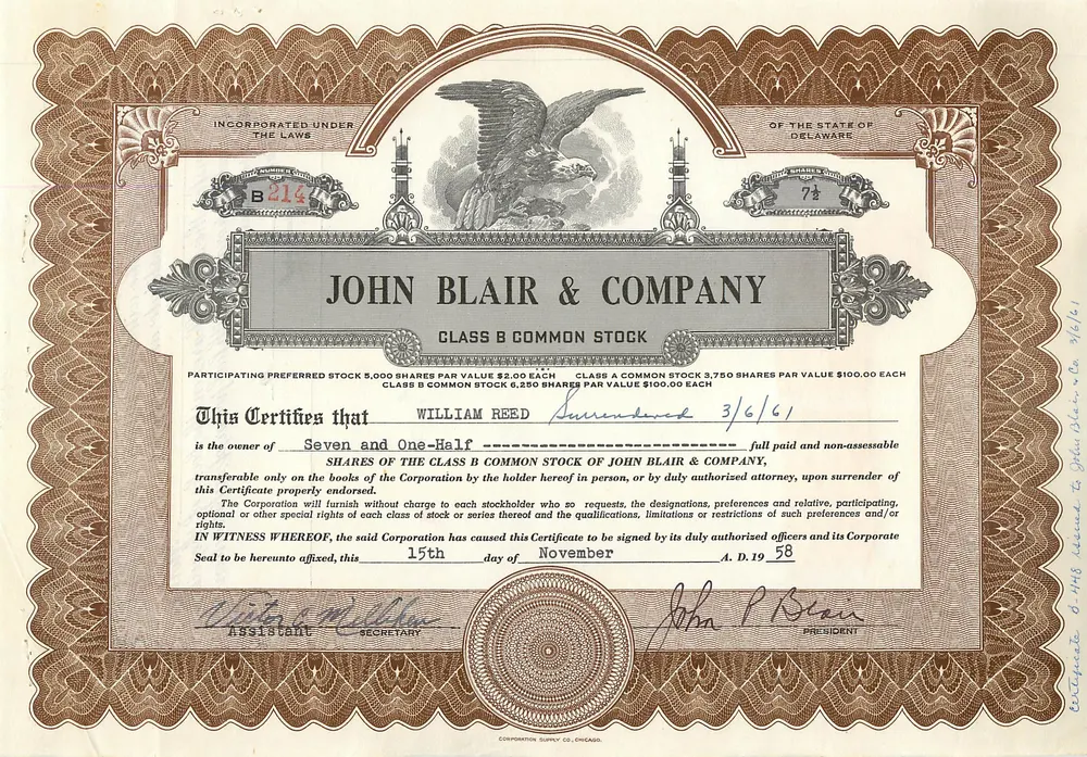 Certificado de ações da John Blair & Company — Delaware — série B14 - Frente