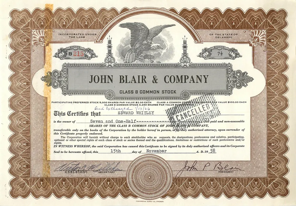 Ação de participação da empresa John Blair & Company — Delaware — série B15 - Frente