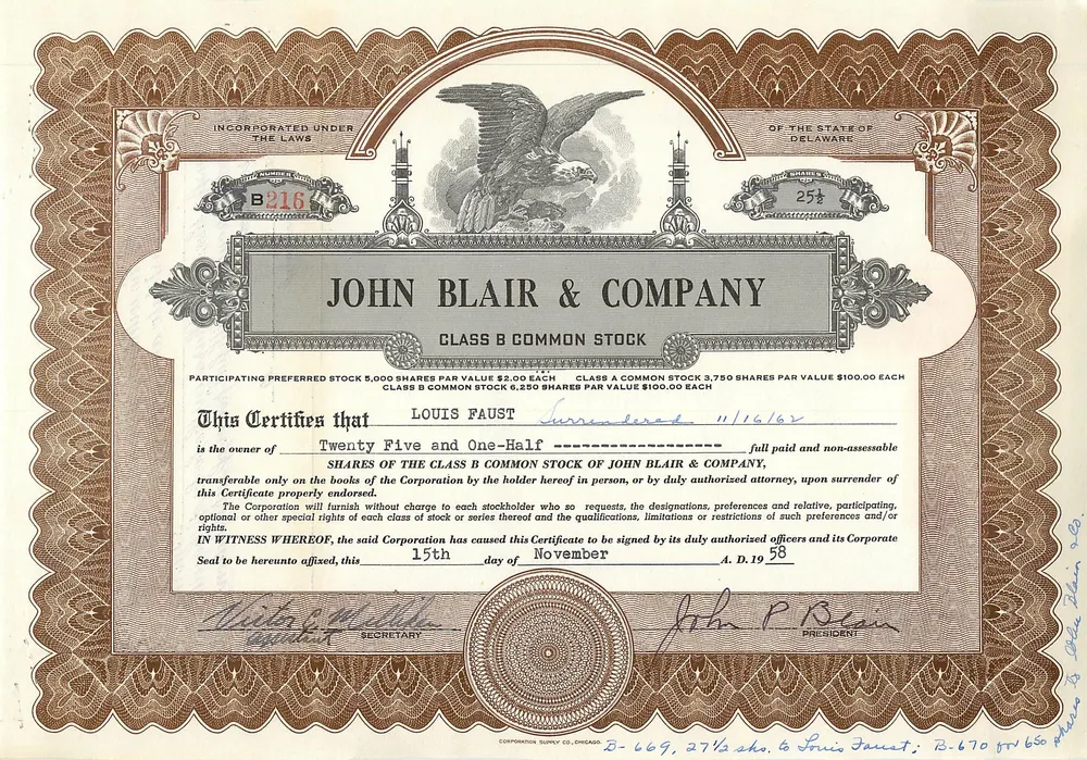 Ação da empresa John Blair & Company — ação da classe B — editor CORPORATE SUPPLY CO. CHICAGO - Frente
