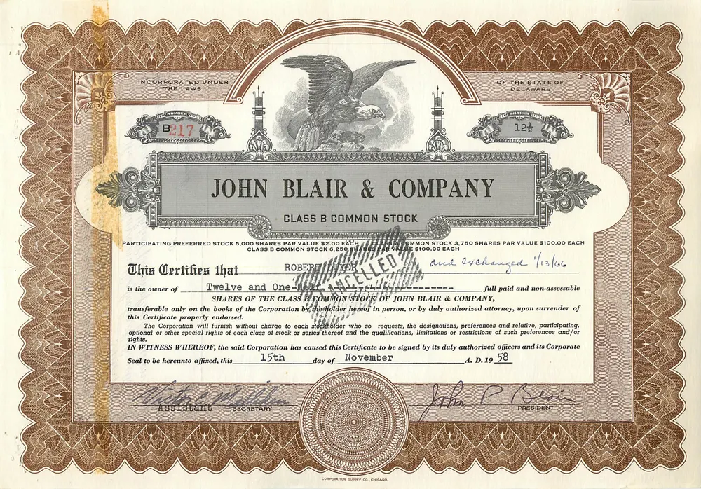 Certificado de acciones de la sociedad John Blair & Company — editor Corporation Supply Co. Chicago, n° B17 - Anverso
