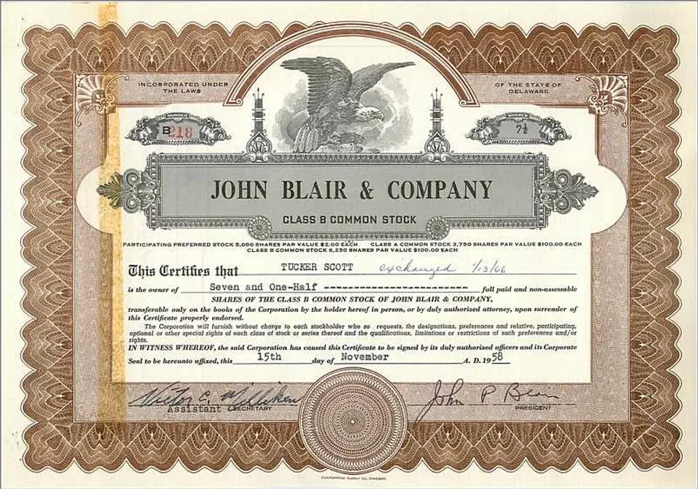 Certificato di azioni della società John Blair & Company — Delaware — n° di serie B10 - Recto