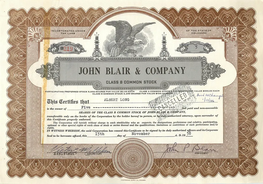 Ação da empresa John Blair & Company — Ação da classe B — editor Corporation Co. Chicago, n° B219 - Frente