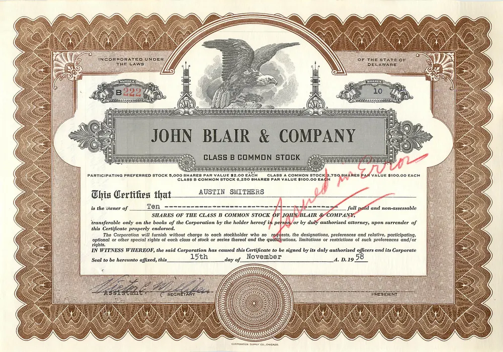 Certificado de acciones de la sociedad John Blair & Company — Delaware — n° B222 - Anverso
