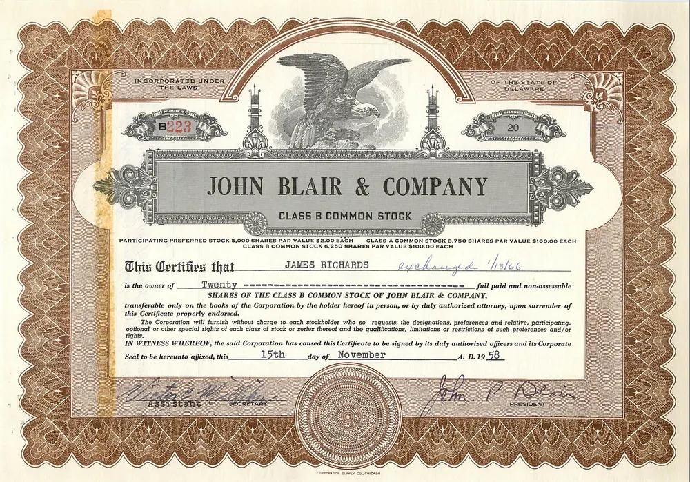Certificat de parts de la société John Blair & Company — Chicago, Illinois — n° B223 - Recto