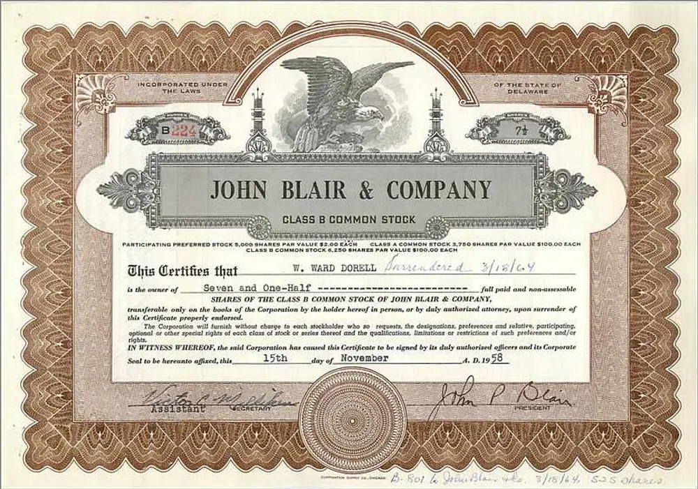 Certificato di quote di John Blair & Company — Classe B — editore Corporation Supply Co., Delaware - Recto