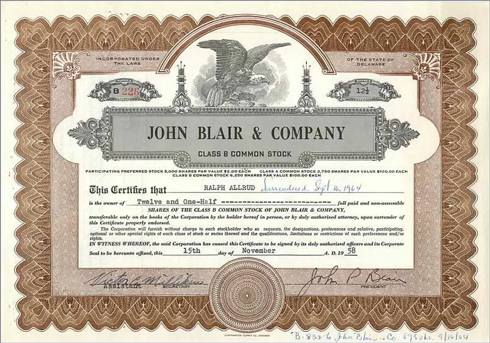 Certificato di quote della società John Blair & Company — Delaware — serie B228 - Recto