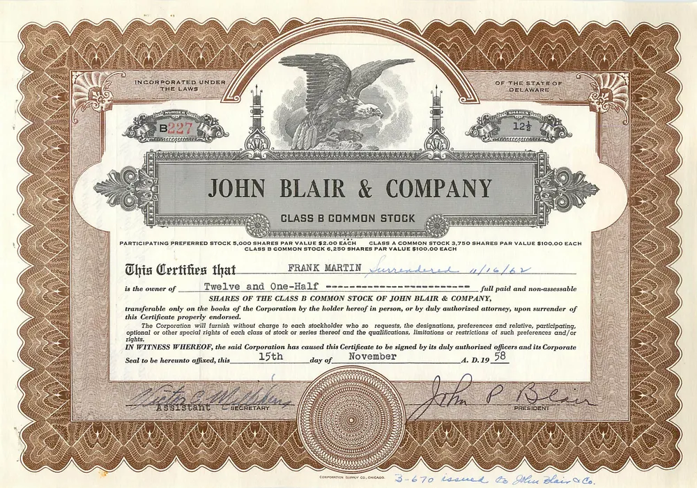 Certificado de ações da John Blair & Company — Classe B — editor Corporation Supply Co. (Chicago) — n° 3-670 - Frente